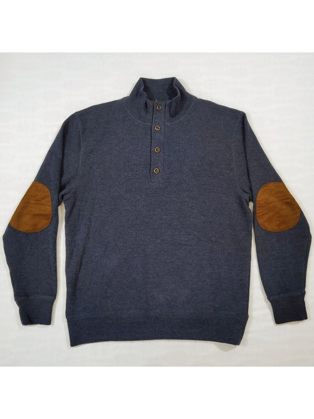 Basic Options Sweater Mens Large Blue Elbow Patches 1/4 Button with Zipper